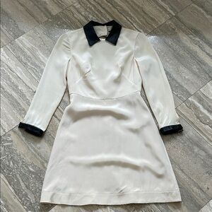 Tibi Cream Long Sleeve Dress with Black leather Details size 2